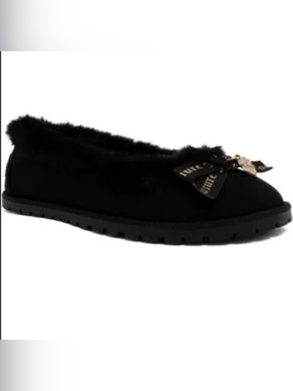 Juicy Couture Faux Fur slippers with ribbons and charm rare find size 10